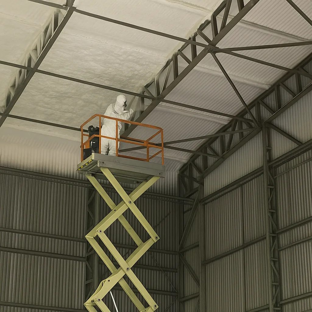 Applying the insulation system from access equipment inside Black Hangar Studios.
