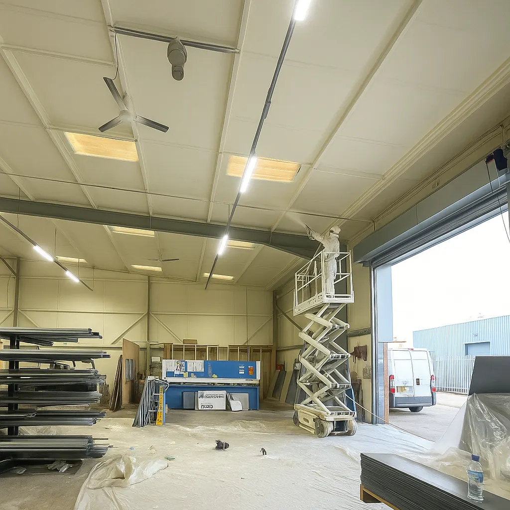 ThermoFoam technician applying 25mm Enverge Nexseal LE closed-cell spray foam to a commercial roof